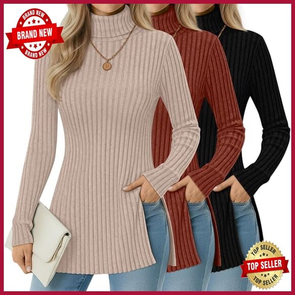 Sweaters - 3 Pack Turtleneck Sweaters, Ribbed Knit Pullover, Slim Fit Long Sleeve Tunic